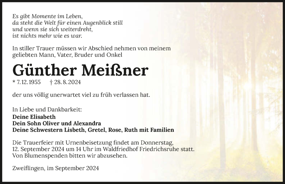  Traueranzeige für Günther Meißner vom 07.09.2024 aus GESAMT