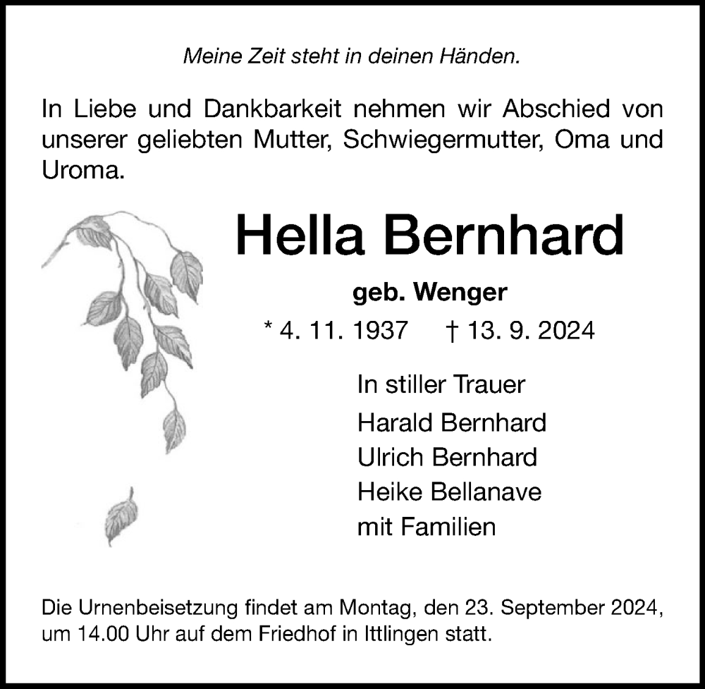  Traueranzeige für Hella Bernhard vom 21.09.2024 aus GESAMT