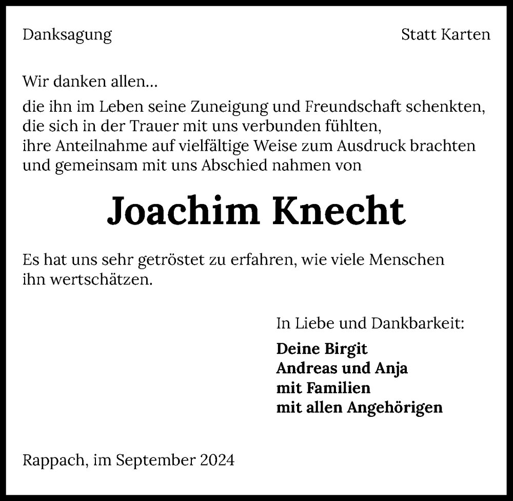 Traueranzeige für Joachim Knecht vom 14.09.2024 aus GESAMT