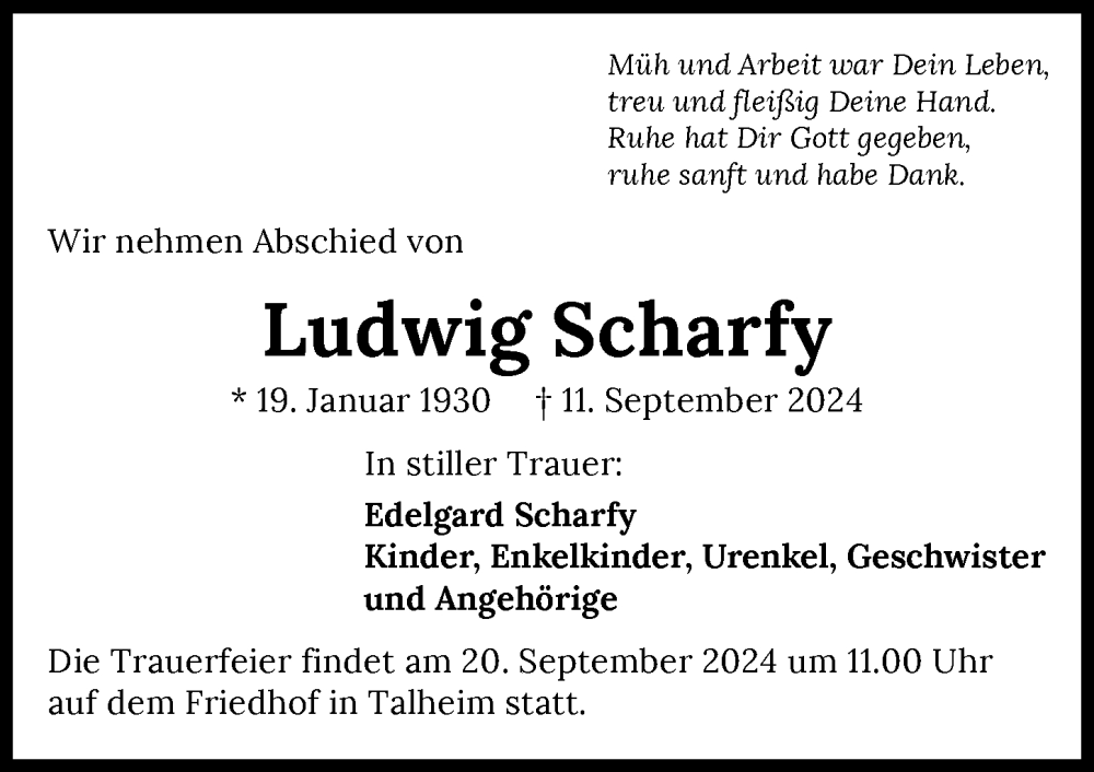  Traueranzeige für Ludwig Scharfy vom 18.09.2024 aus GESAMT