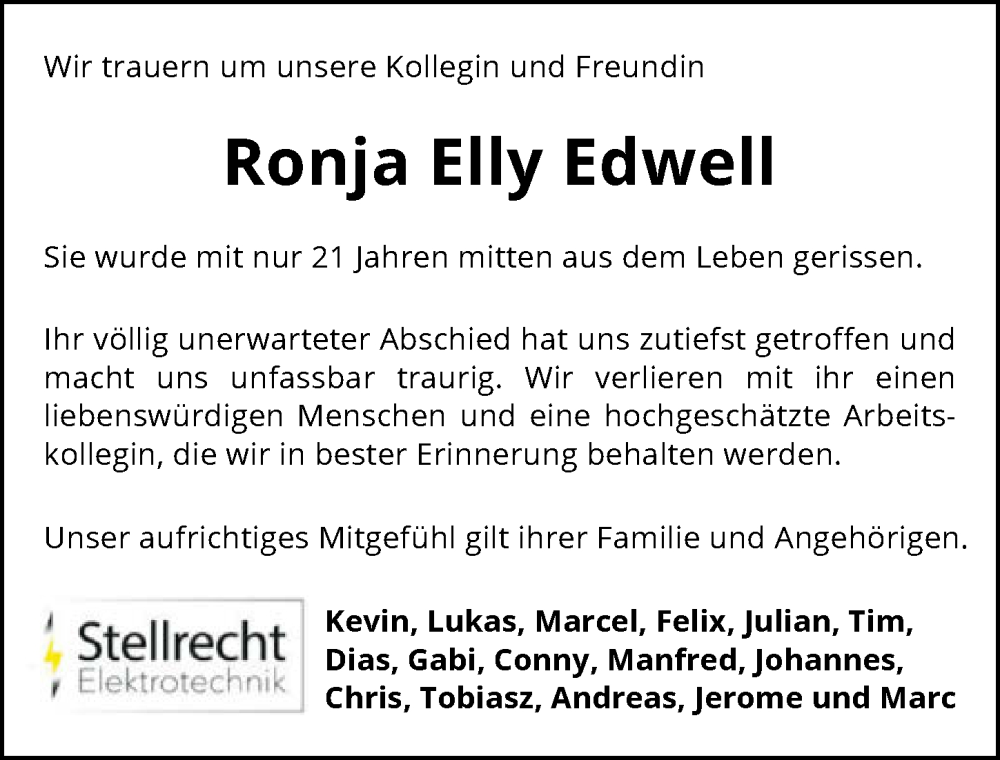  Traueranzeige für Ronja Elly Edwell vom 18.09.2024 aus GESAMT