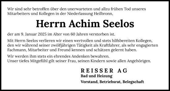Traueranzeige von Achim Seelos von GESAMT