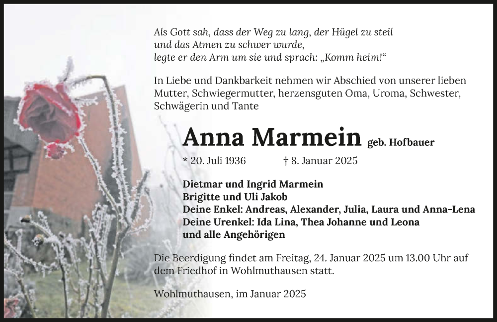  Traueranzeige für Anna Marmein vom 21.01.2025 aus GESAMT