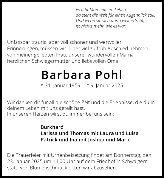 Traueranzeige von Barbara Pohl von GESAMT