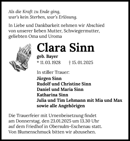 Traueranzeige von Clara Sinn von GESAMT