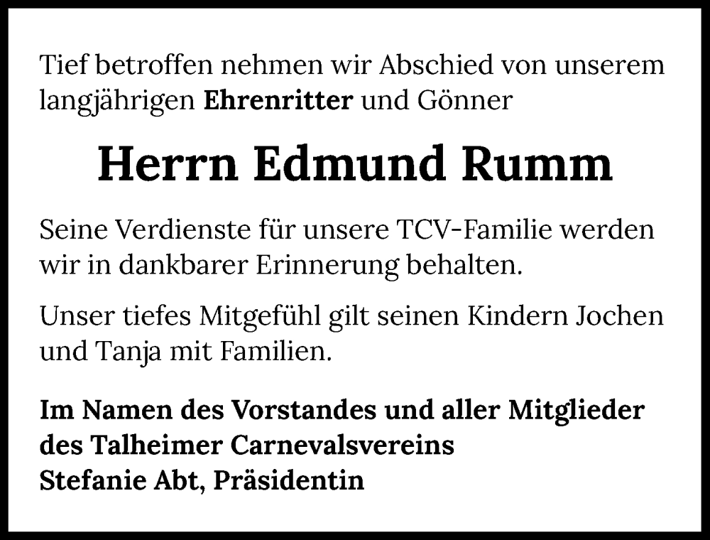  Traueranzeige für Edmund Rumm vom 11.01.2025 aus GESAMT