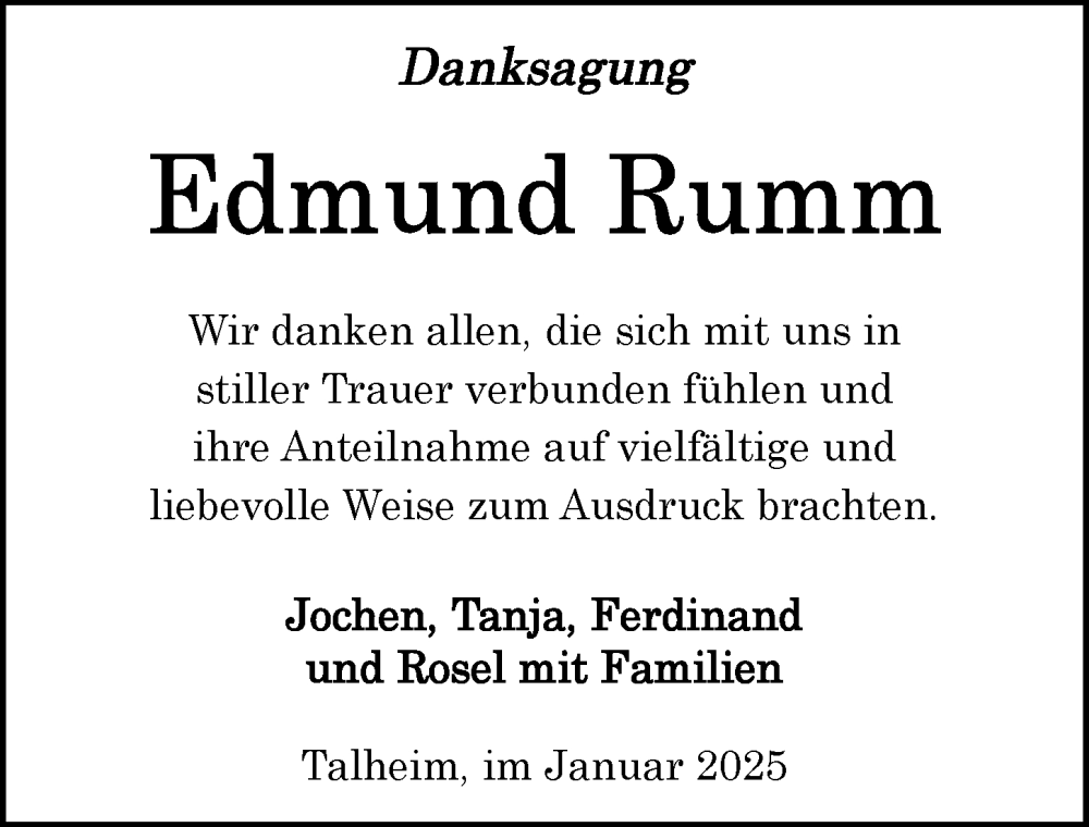  Traueranzeige für Edmund Rumm vom 25.01.2025 aus GESAMT