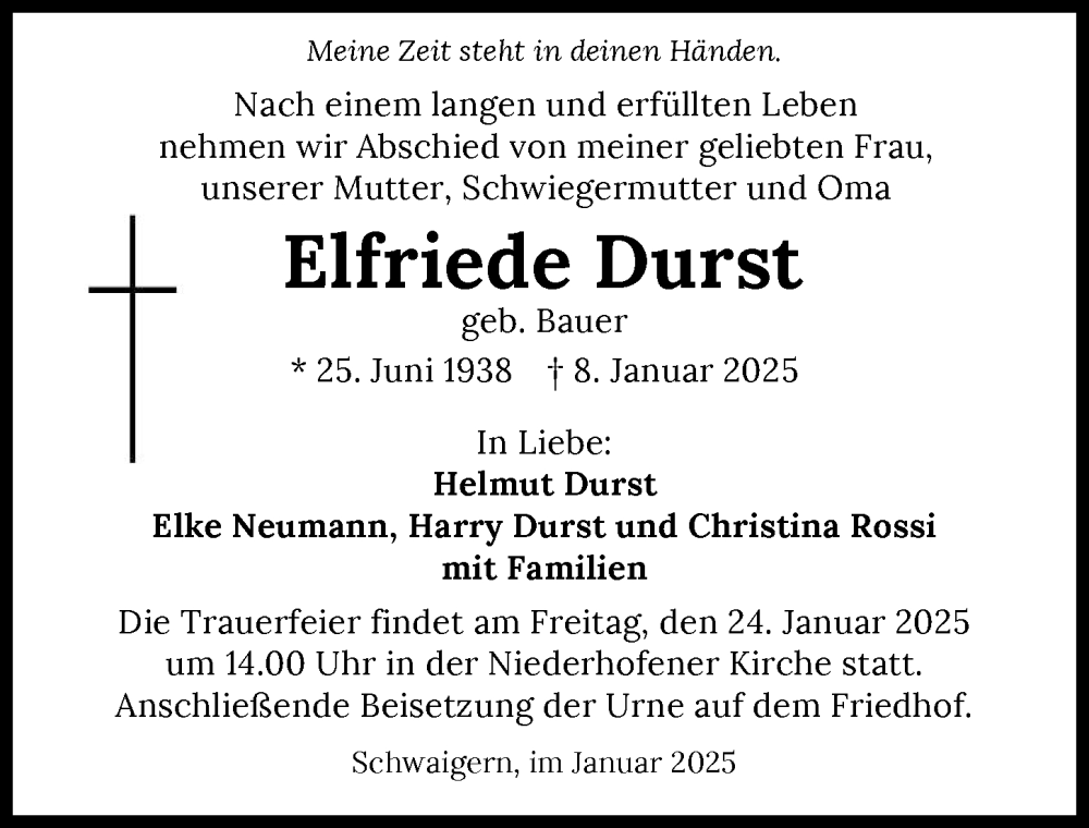  Traueranzeige für Elfriede Durst vom 18.01.2025 aus GESAMT
