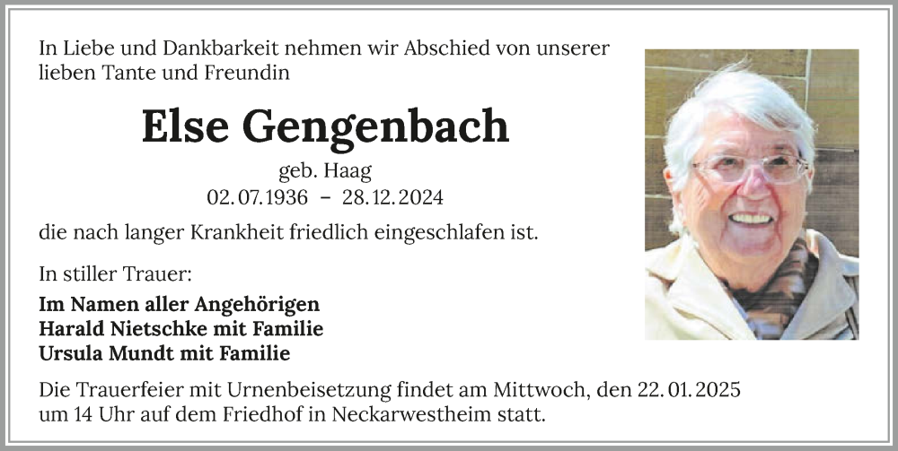  Traueranzeige für Else Gengenbach vom 11.01.2025 aus GESAMT
