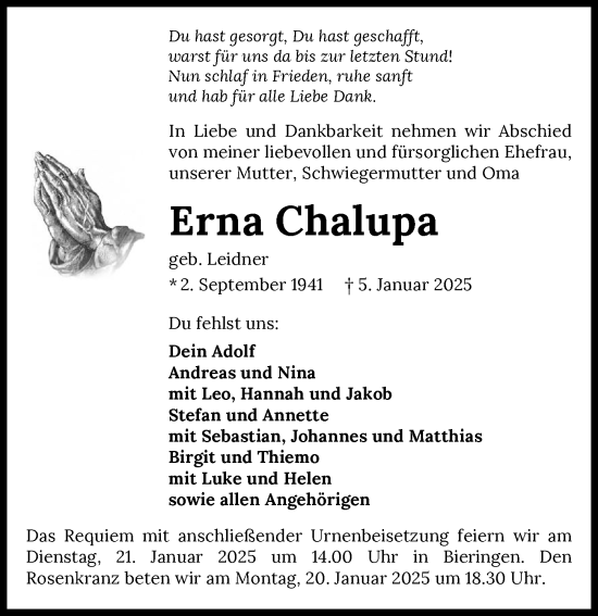 Traueranzeige von Erna Chalupa von GESAMT