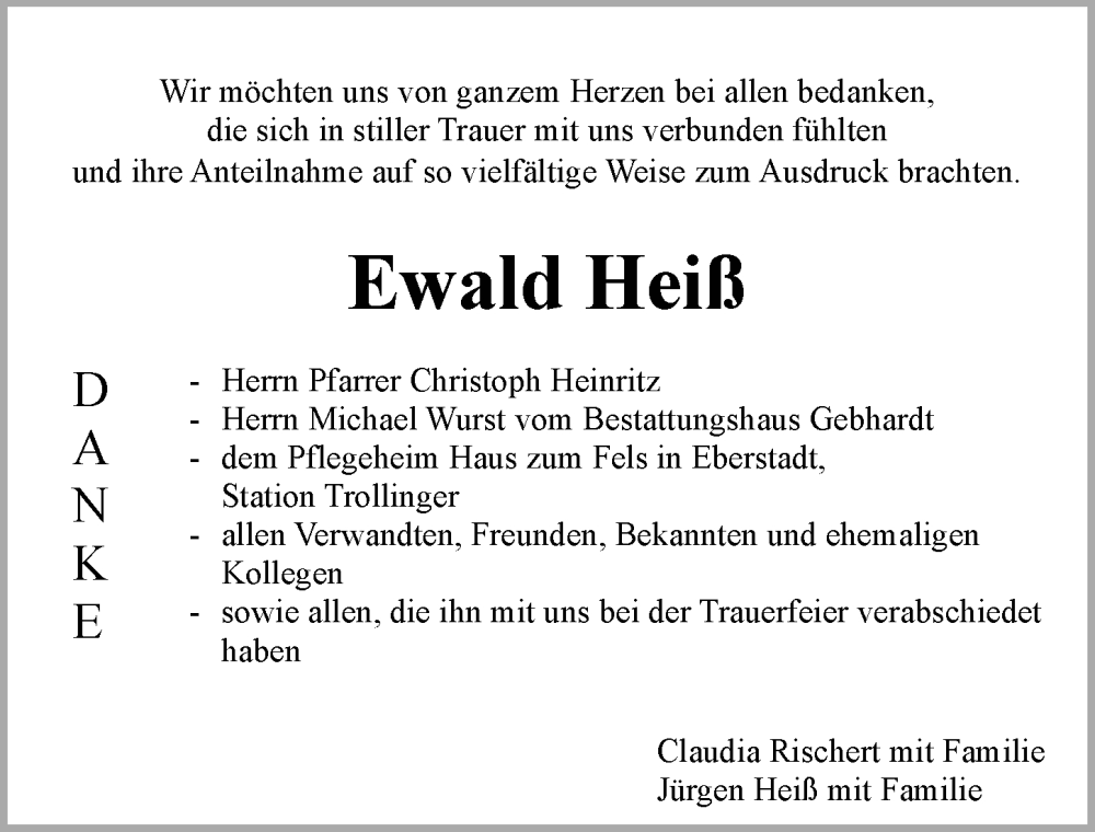  Traueranzeige für Ewald Heiß vom 21.01.2025 aus GESAMT