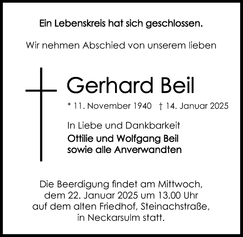  Traueranzeige für Gerhard Beil vom 18.01.2025 aus GESAMT