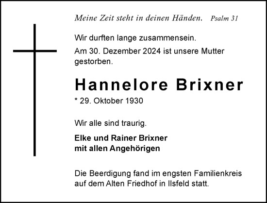 Traueranzeige von Hannelore Brixner von GESAMT