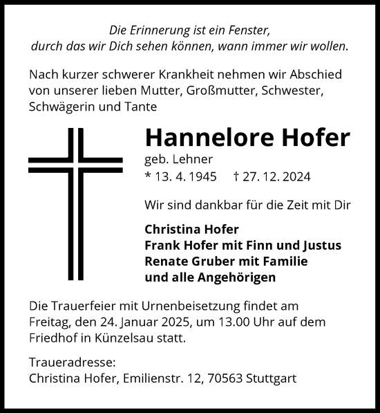 Traueranzeige von Hannelore Hofer von GESAMT