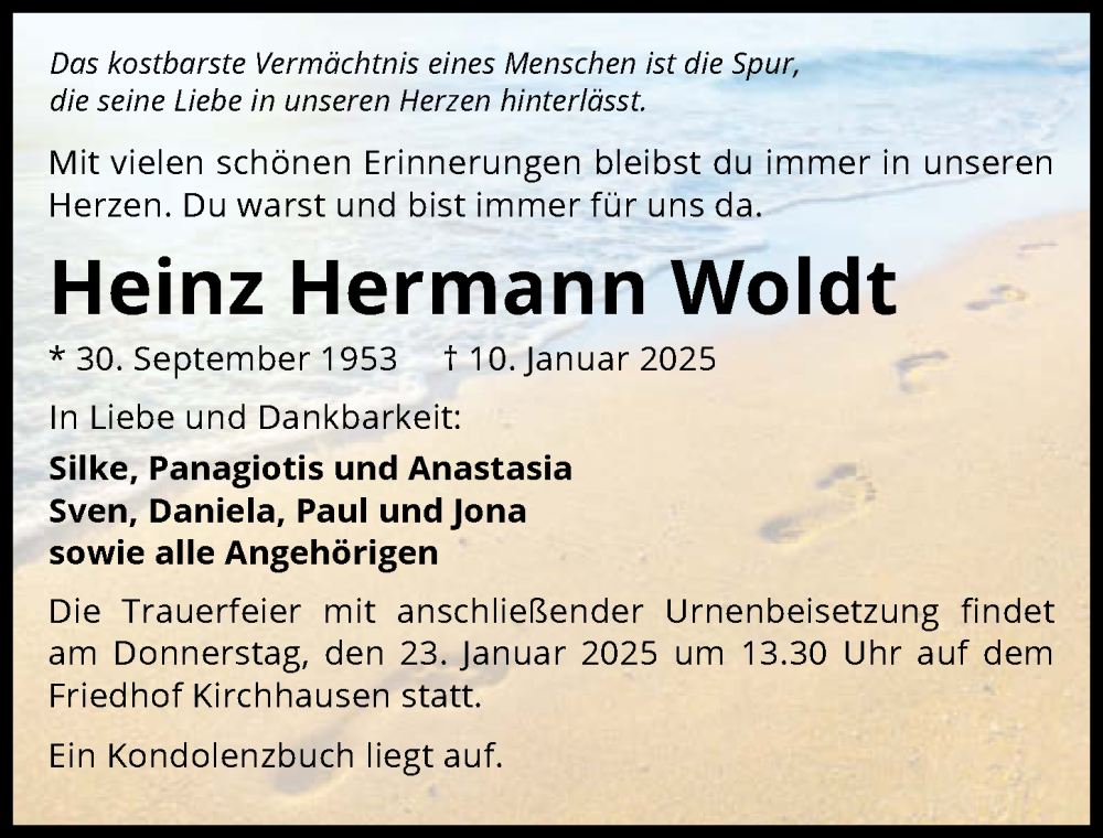 Traueranzeige für Heinz Hermann Woldt vom 18.01.2025 aus GESAMT