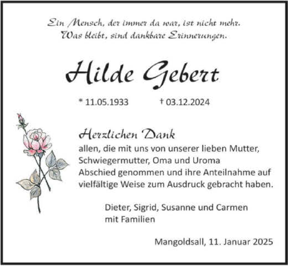  Traueranzeige für Hilde Gebert vom 11.01.2025 aus GESAMT