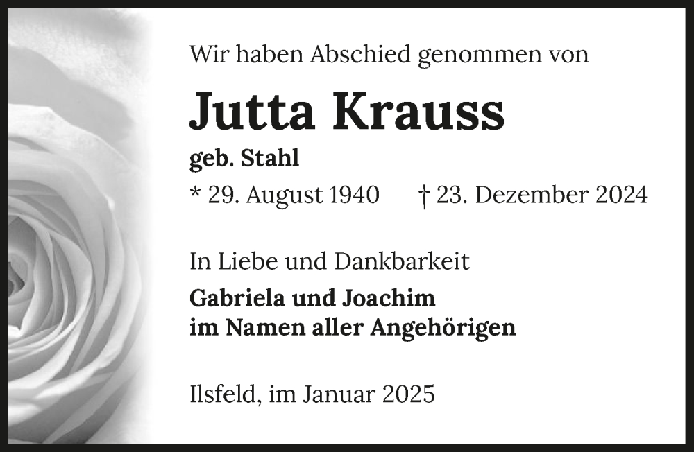  Traueranzeige für Jutta Krauss vom 18.01.2025 aus GESAMT
