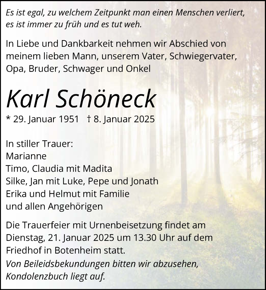  Traueranzeige für Karl Schöneck vom 16.01.2025 aus GESAMT