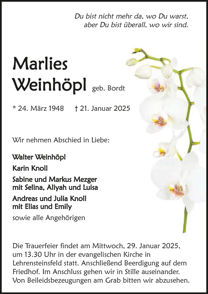  Traueranzeige für Marlies Weinhöpl vom 25.01.2025 aus GESAMT