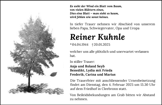 Traueranzeige von Reiner Kuhnle von GESAMT