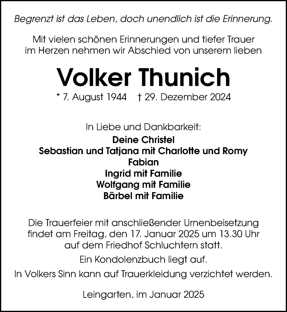  Traueranzeige für Volker Thunich vom 11.01.2025 aus GESAMT