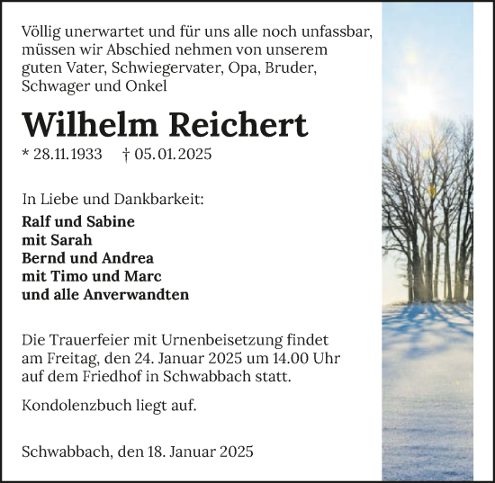Traueranzeige von Wilhelm Reichert von GESAMT