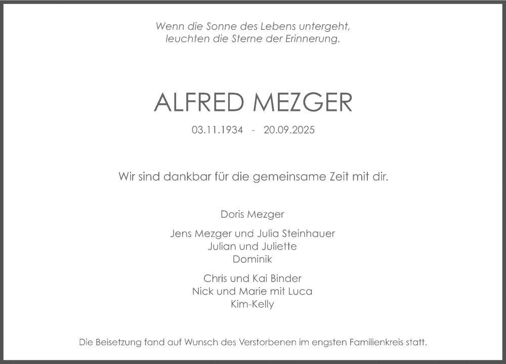  Traueranzeige für Alfred Mezger vom 11.10.2025 aus GESAMT