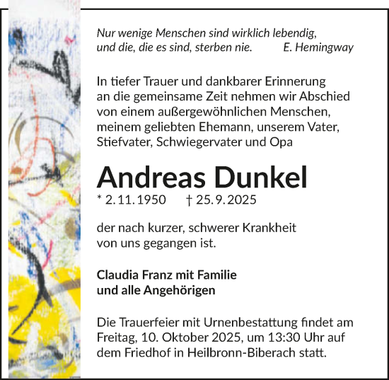 Traueranzeige von Andreas Dunkel von GESAMT