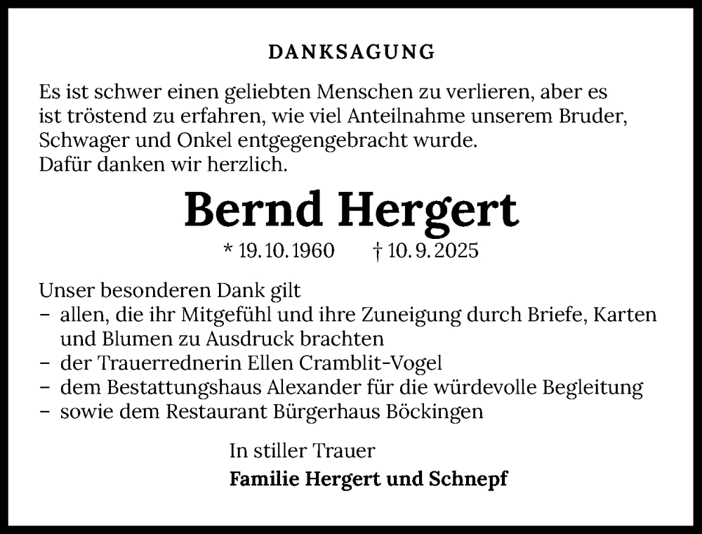  Traueranzeige für Bernd Hergert vom 04.10.2025 aus GESAMT