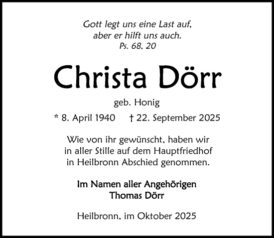 Traueranzeige von Christa Dörr von GESAMT