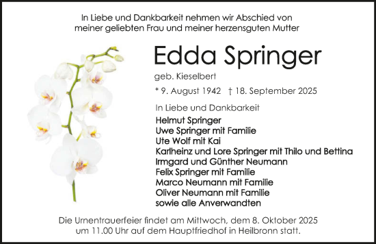 Traueranzeige von Edda Springer von GESAMT