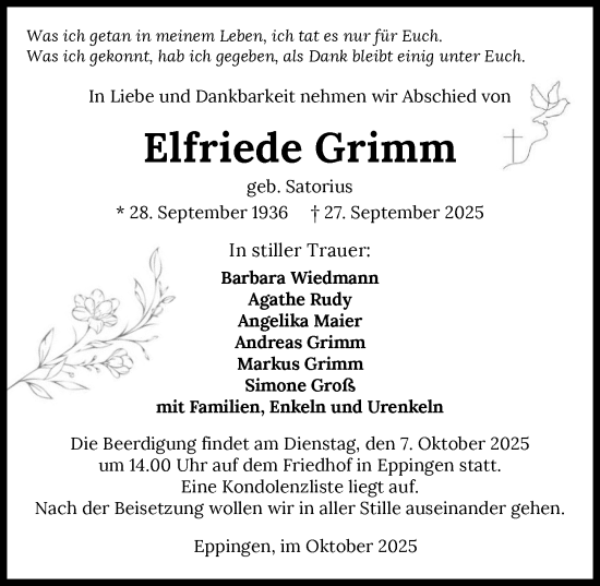 Traueranzeige von Elfriede Grimm von GESAMT