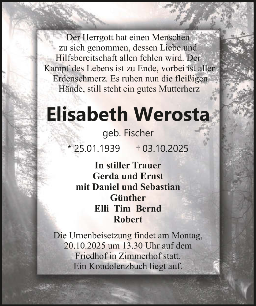  Traueranzeige für Elisabeth Werosta vom 11.10.2025 aus GESAMT