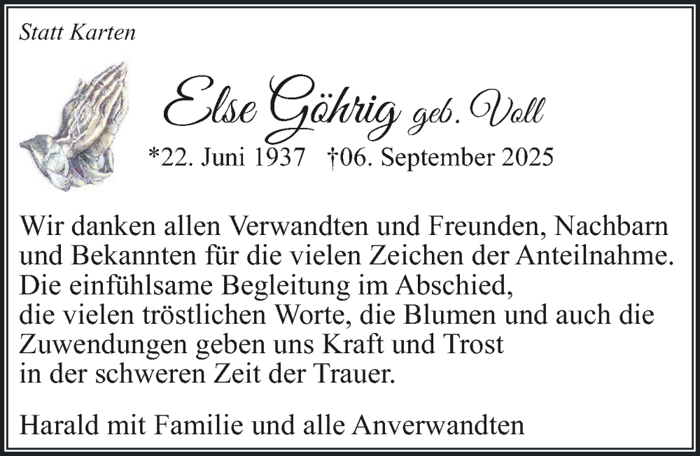  Traueranzeige für Else Göhrig vom 04.10.2025 aus GESAMT