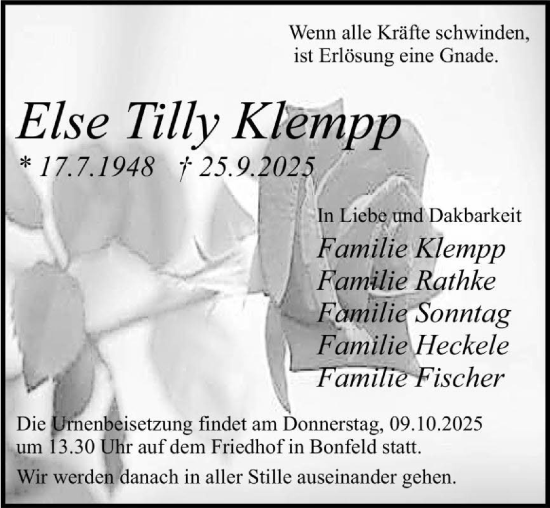Traueranzeige von Else Tilly Klempp von GESAMT