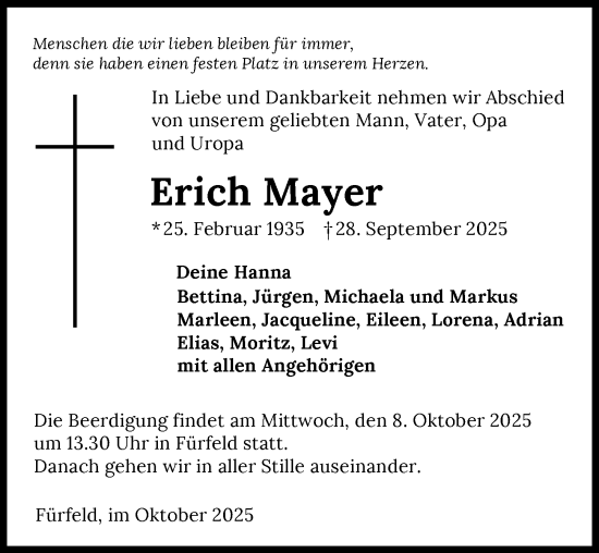 Traueranzeige von Erich Mayer von GESAMT