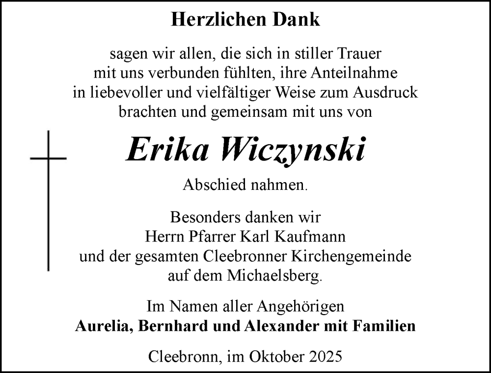  Traueranzeige für Erika Wiczynski vom 04.10.2025 aus GESAMT