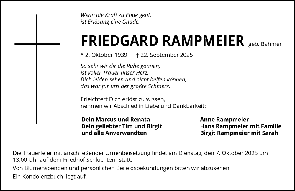  Traueranzeige für Friedgard Rampmeier vom 04.10.2025 aus GESAMT