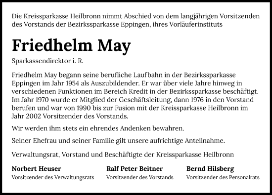 Traueranzeige von Friedhelm May von GESAMT