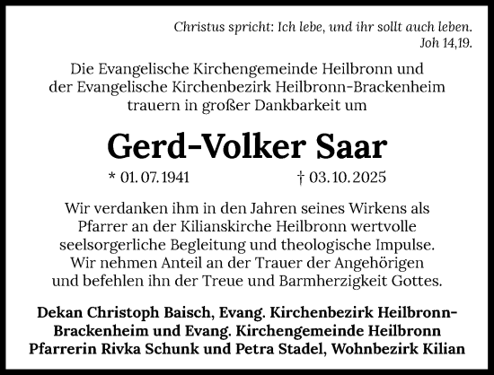 Traueranzeige von Gerd-Volker Saar von GESAMT