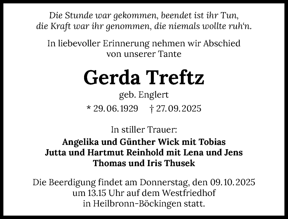  Traueranzeige für Gerda Treftz vom 04.10.2025 aus GESAMT