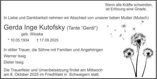 Traueranzeige von Gerda Inge Kutofsky von GESAMT