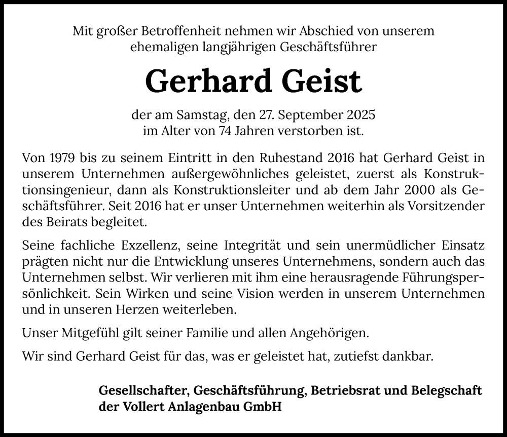  Traueranzeige für Gerhard Geist vom 04.10.2025 aus GESAMT