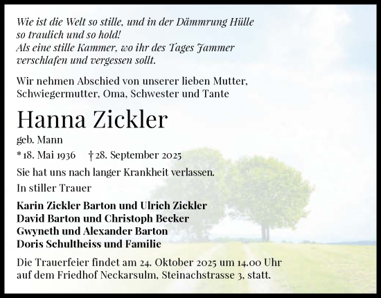 Traueranzeige von Hanna Zickler von GESAMT