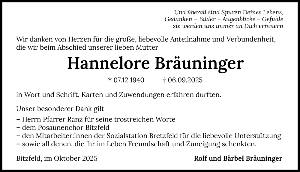  Traueranzeige für Hannelore Bräuninger vom 11.10.2025 aus GESAMT
