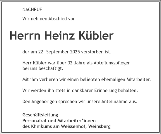 Traueranzeige von Heinz Kübler von GESAMT
