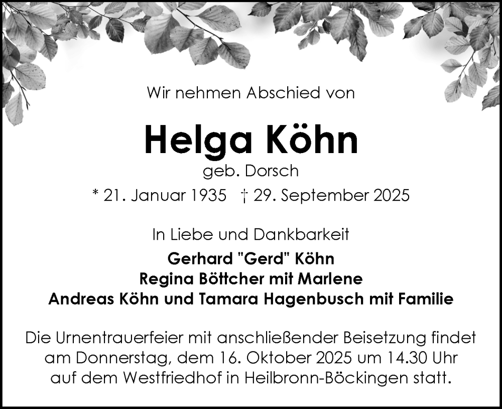  Traueranzeige für Helga Köhn vom 11.10.2025 aus GESAMT
