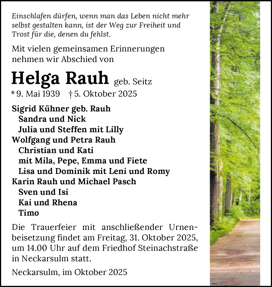  Traueranzeige für Helga Rauh vom 11.10.2025 aus GESAMT