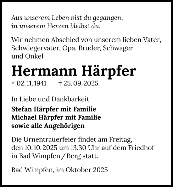 Traueranzeige von Hermann Härpfer von GESAMT