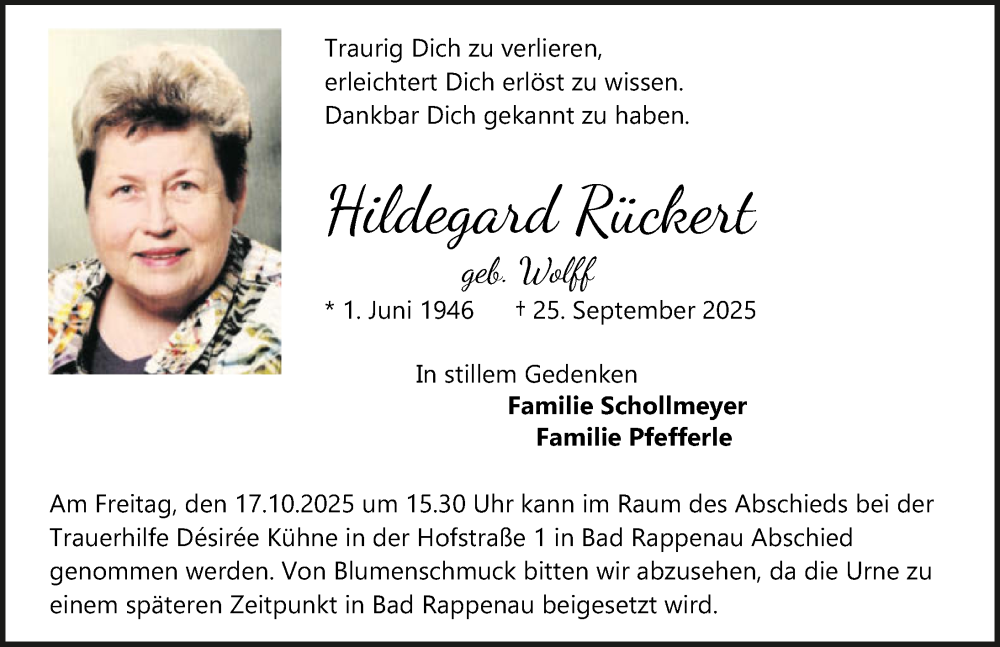  Traueranzeige für Hildegard Rückert vom 11.10.2025 aus GESAMT